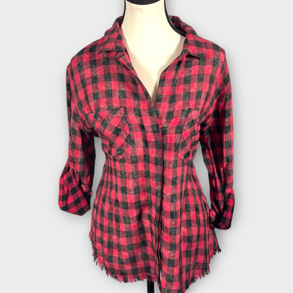 Cloth & Stone Button Up Shirt MEDIUM Plaid Roll Tab Sleeve Raw Hem